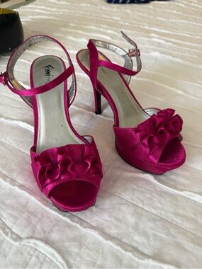 FIONI Clothing Hot Pink Satin Ruffle Ankle-Strap  Platform Heels